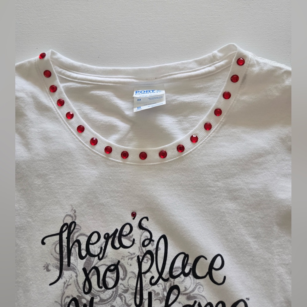 Port Company White Short Sleeve T-Shirt w/Ruby Red Sparkle Shoe Design | M| - Picture 7 of 10